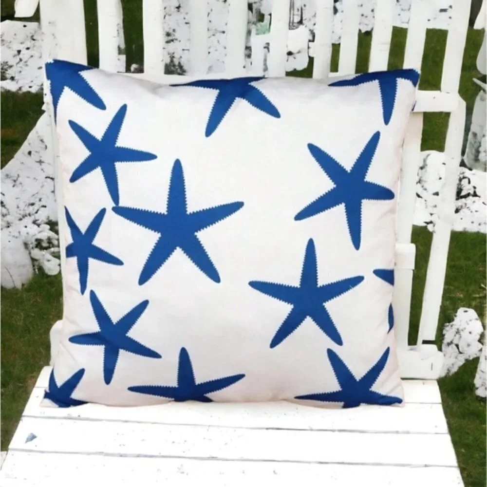 Coastal Starfish Pillow Cover Beach Nautical Square Blue White 17. 7 X 17.7 in